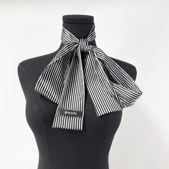 BLACK AND WHITE STRIPED SATIN SCARF / BELT - Picture 1 of 7